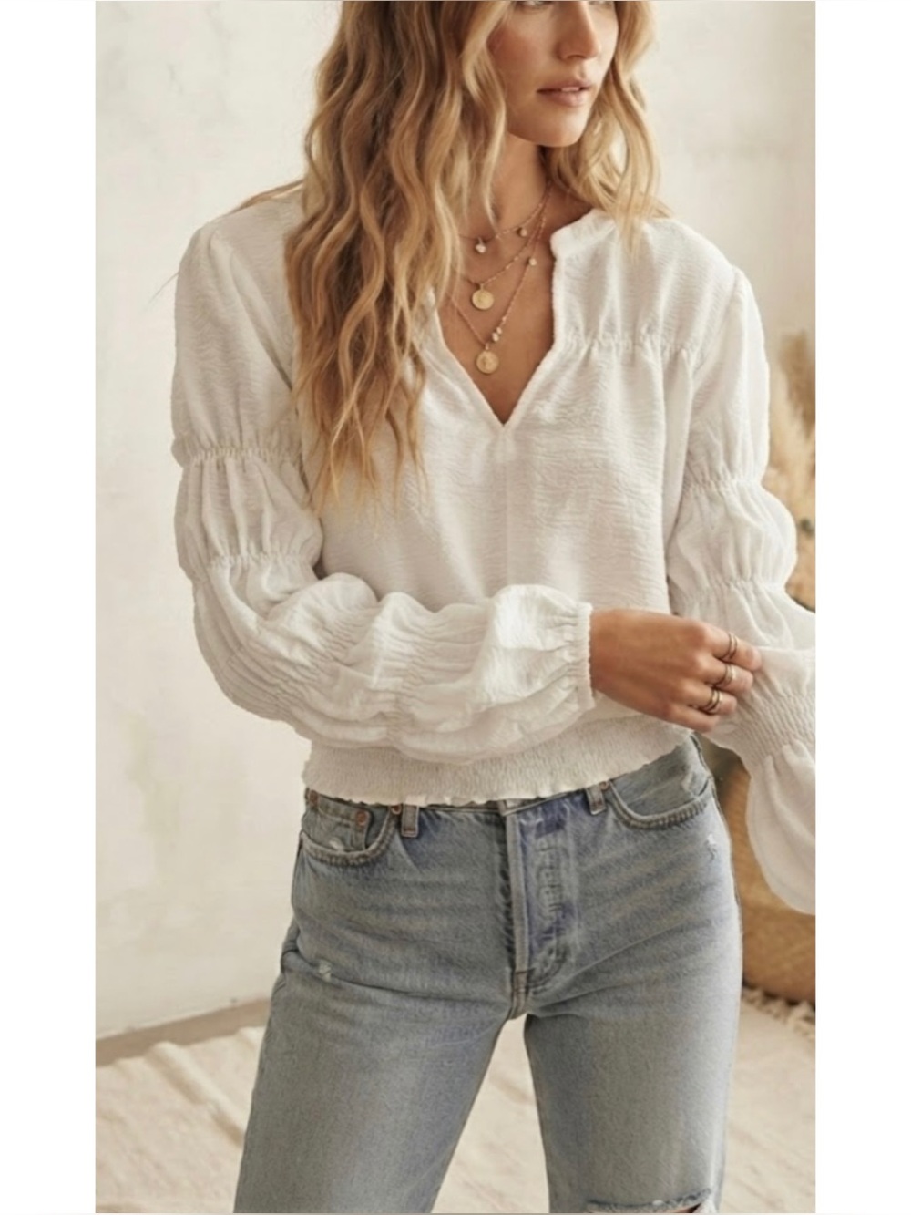 Moon River Textured V-Neck Long Sleeve Bubble Top Smocked Waist